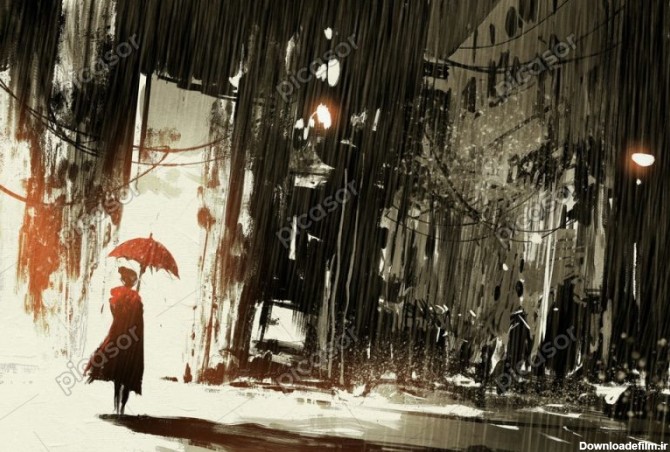 عکس دختر با چتر زیر باران در خیابان