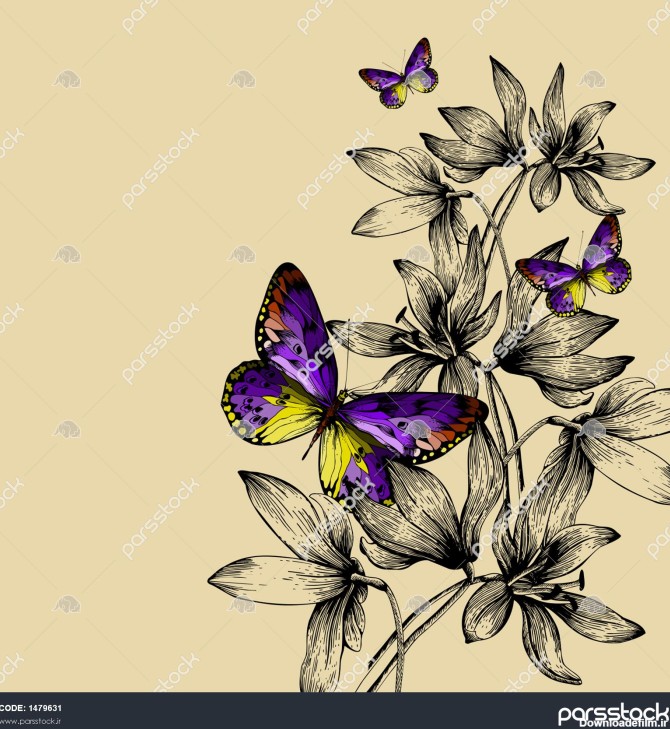 زمینه گل با پروانه های رنگارنگ و برفی نقاشی دستی تصویر ...
