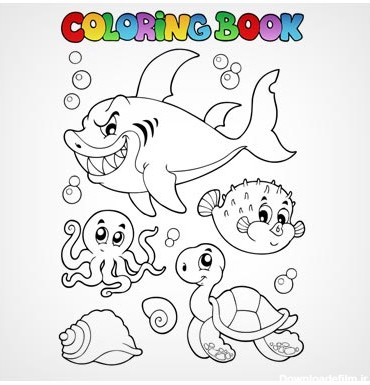 وکتور کارتونی برای Coloring Book (کتاب رنگ آمیزی) با موضوع موجودات دریایی