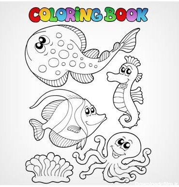وکتور مجموعه نقاشی های ساده برای کتاب رنگ آمیزی شامل ماهی ، اسب دریایی ، هشت پا و ...