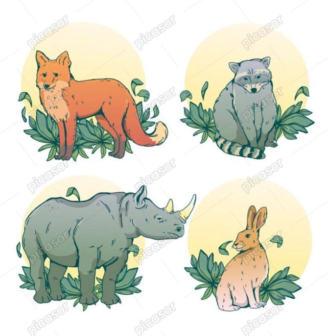 4 وکتور نقاشی کرگدن خرگوش روباه - مجموعه وکتور نقاشی حیوانات