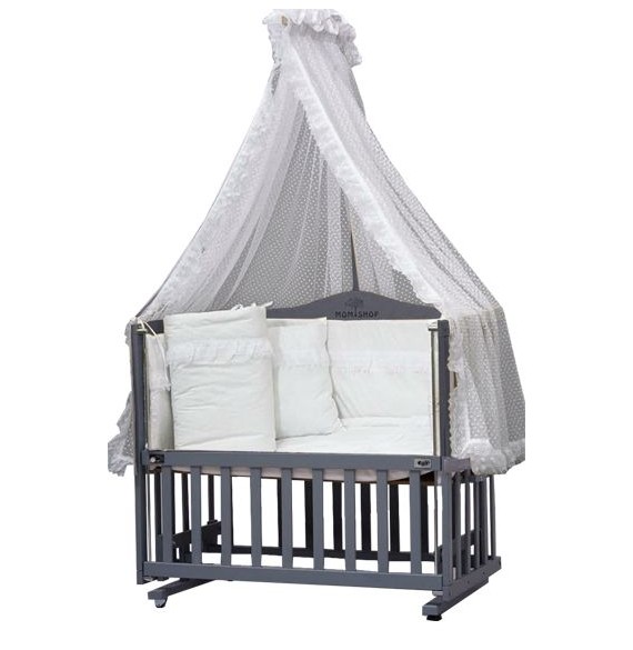 مشخصات، قیمت و خرید تخت و گهواره نوزاد چوبی طوسی Momishop با تور سفید