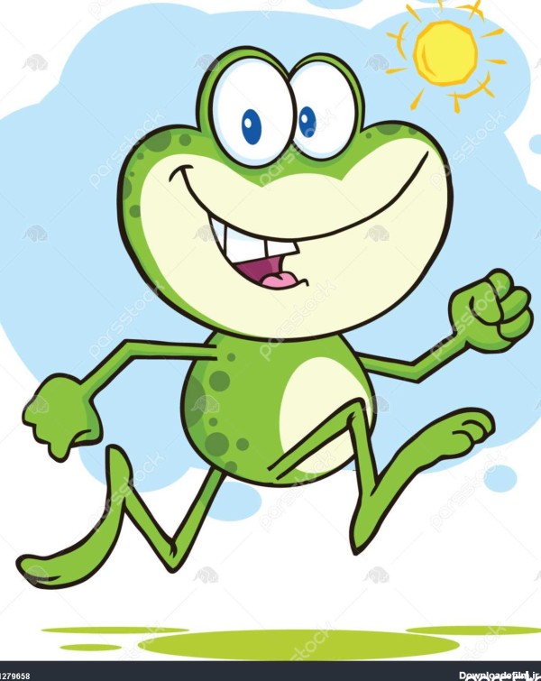 شخصیت کارتونی جذاب قورباغه سبز در حال اجرا در فضای باز 1279658