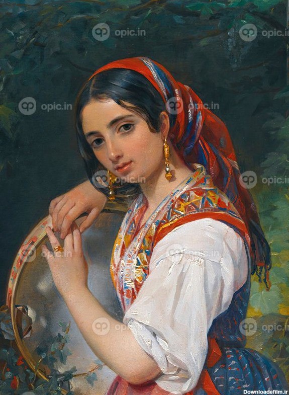 نقاشی کلاسیک یک دختر چوپان با یک تنبور | اوپیک