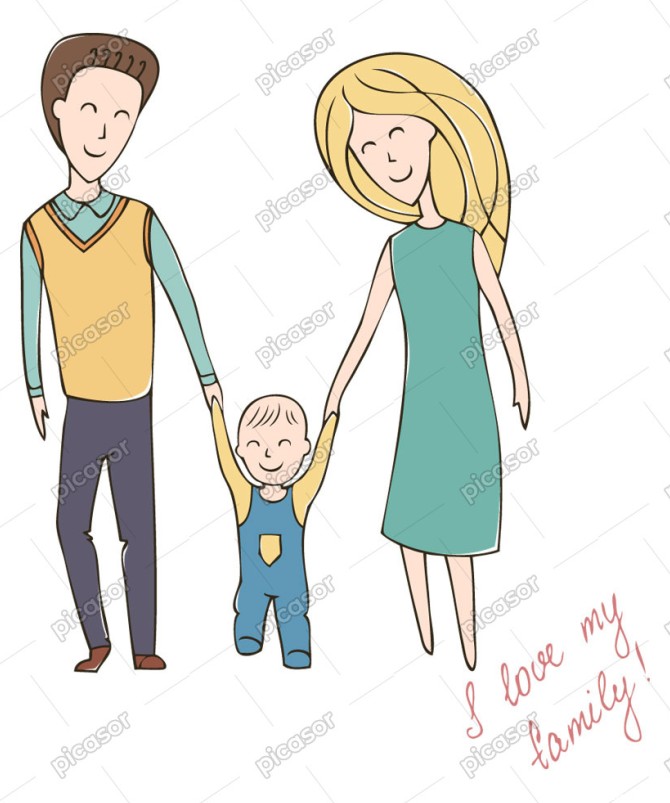 وکتور نقاشی خانواده جوان و شاد - وکتور مادر و پدر و فرزند کنار هم ...