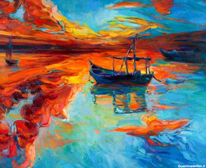 عکس هنری نقاشی قایق وسط دریا