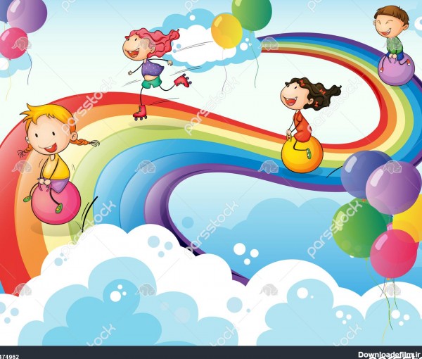 تصویر گروهی از بچه ها در آسمان با رنگین کمان 1474962