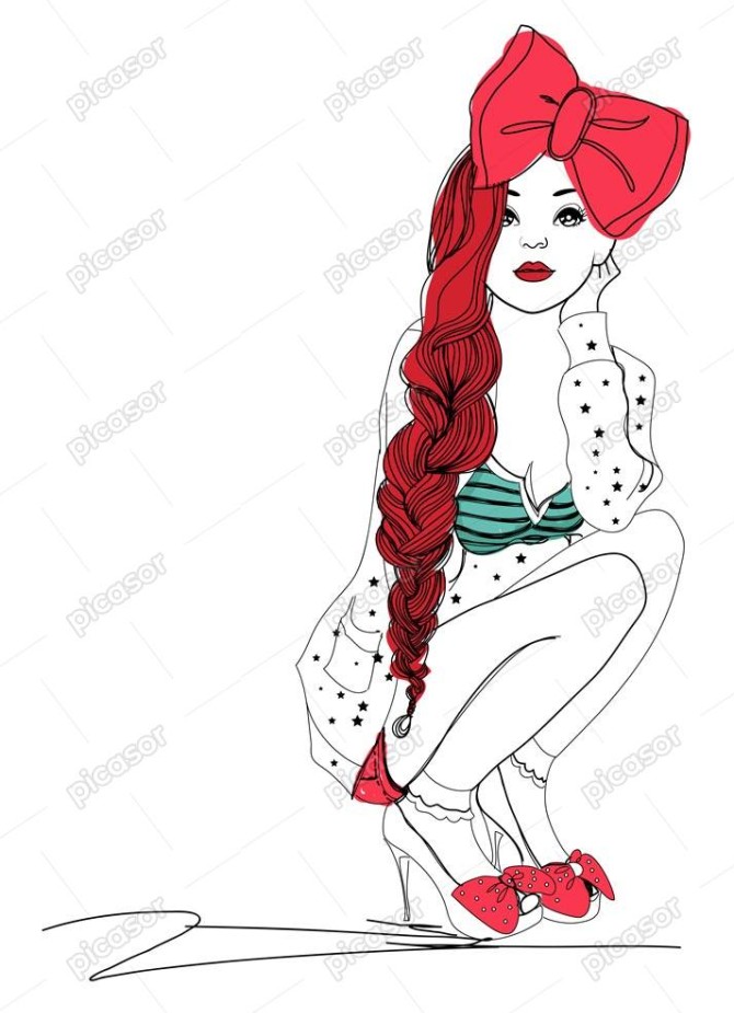 وکتور نقاشی دختر جوان نشسته پاپیون قرمز بزرگ و موهای بلند - وکتور ...