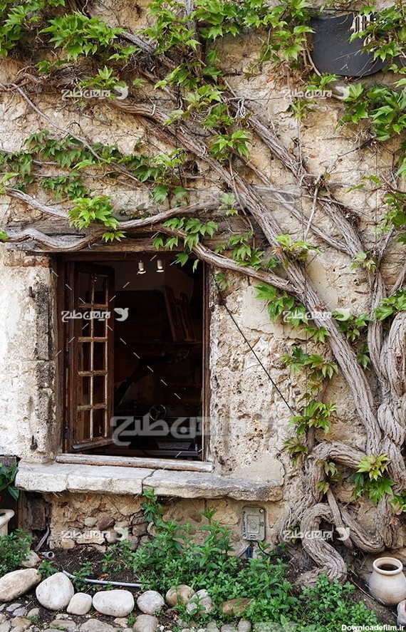 عکس پنجره خانه قدیمی در بین درختان