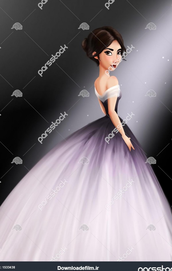 دختر کارتونی زیبا لباس بنفش سفید مجلسی نقاشی دیجیتال 1533438