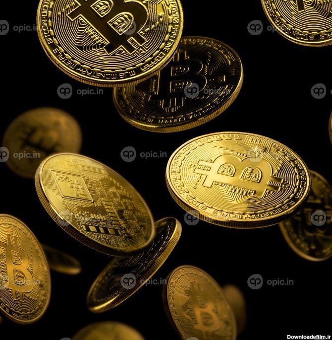 دانلود عکس سکه طلا بیت کوین معلق در پس زمینه سیاه | اوپیک