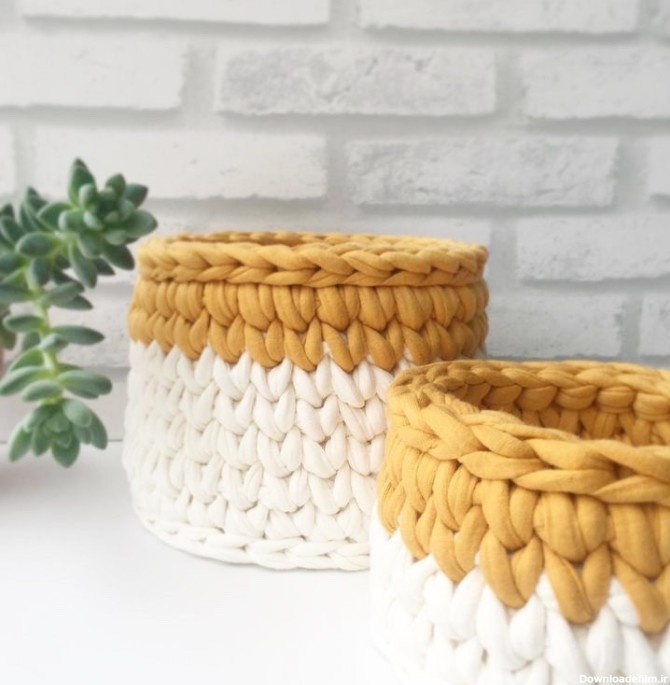 خرید سبد تریکو بافت گندمی ترکیب کرم و سفید - فروشگاه کاترین