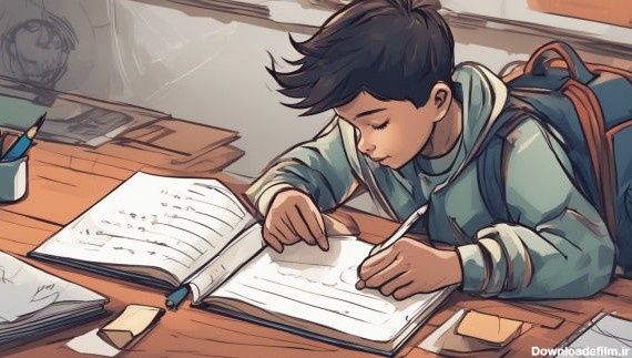 تصویر گرافیکی یک پسر دبستانی در حال نوشتن جزوه پشت میز کلاس