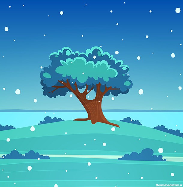 دانلود وکتور لایه باز پس زمینه کارتونی تک درخت با تم زمستانی