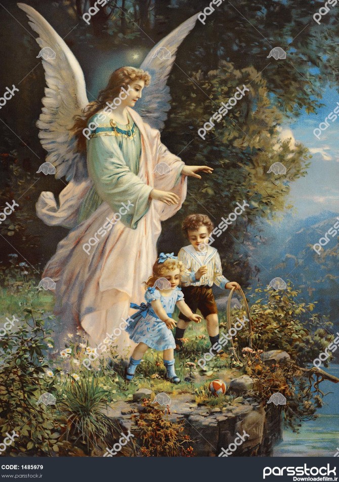 فرشته نگهبان محافظت از کودکان در نزدیکی یک طاقچه یک تصویر ...