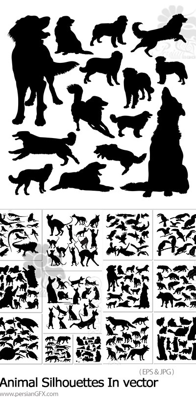 دانلود وکتور سایه حیوانات مختلف شامل سگ، گربه، پرندگان و ... - Animal silhouettes In vector