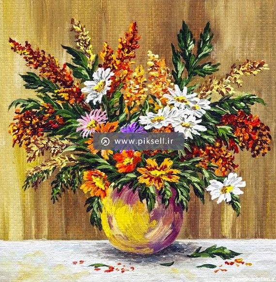 دانلود عکس با کیفیت از نقاشی رنگ روغن از گلدان با گلهای زیبا