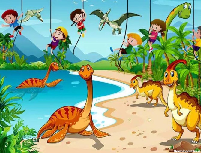 پوستر دیواری دایناسورها و بچه ها