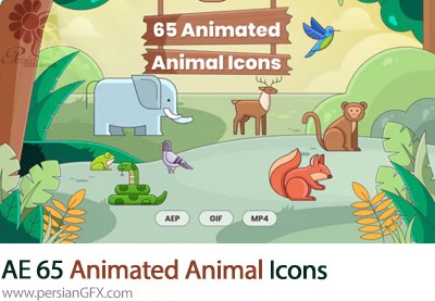 دانلود پروژه افترافکت 65 آیکون متحرک حیوانات - 65 Animated Animal Icons