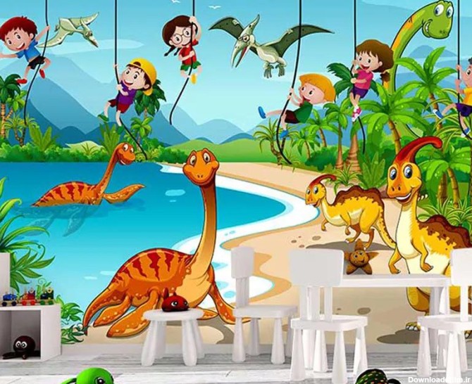 پوستر دیواری دایناسورها و بچه ها