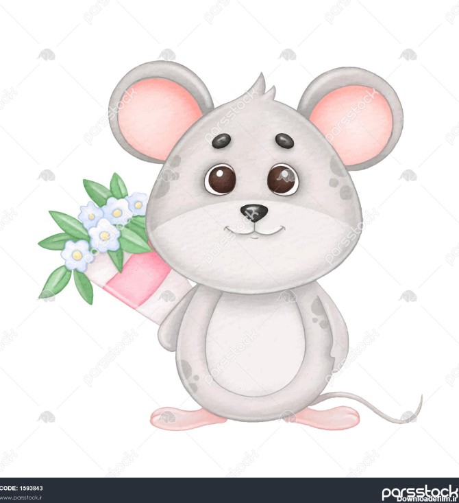 موش کوچولو با یک دسته گل تصویر آبرنگ برای روز ولنتاین یا ...