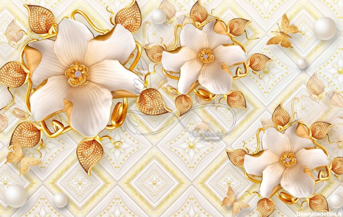 طرح لایه باز پوستر دیواری گل های سفید شاخه طلایی و پروانه طلایی زمینه مربع گل