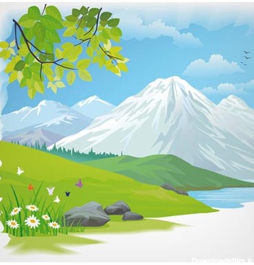 بکگراند کارتونی طبیعت بهاری بصورت لایه باز (Cartoon Landscape Vector Background)