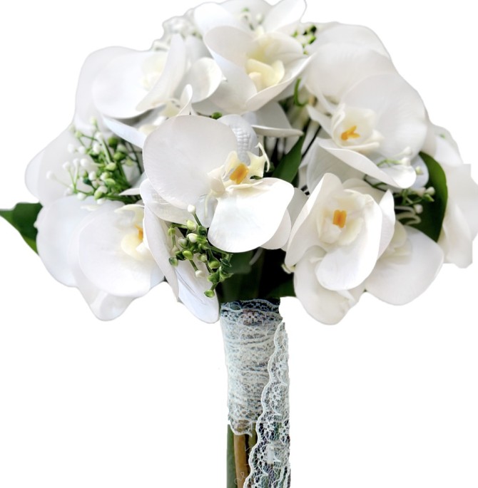 دسته گل مصنوعی عروس با ارکیده سفید لمسی و شکوفه شیک و زیبا ...