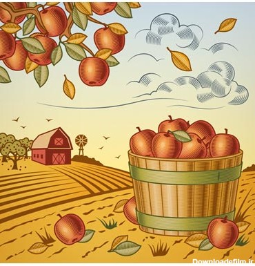 وکتور کارتونی پس زمینه مزرعه سیب قرمز