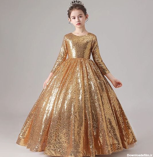 لباس مجلسی دخترانه 14 ساله عروسکی طلایی شاین آستین بلند