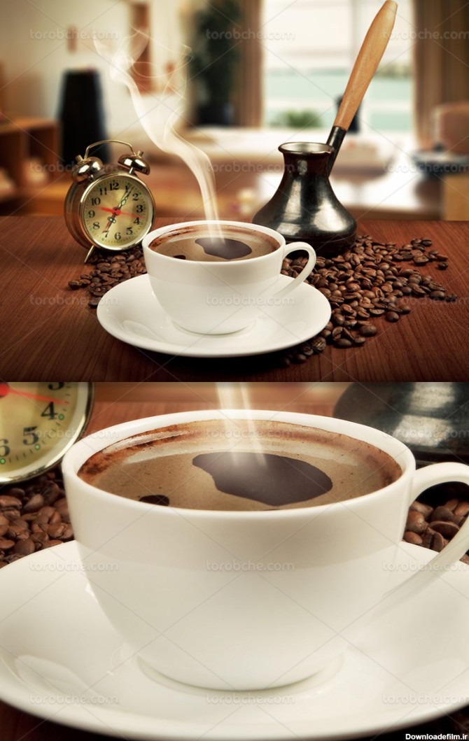 عکس فنجان قهوه و ساعت - گرافیک با طعم تربچه - طرح لایه باز