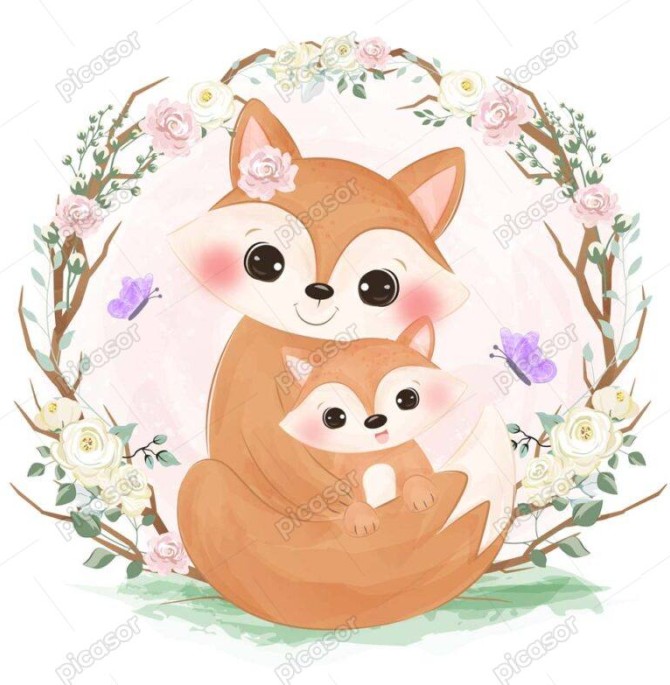 وکتور روباه مادر و بچه روباه در قاب گل طرح نقاشی آبرنگی