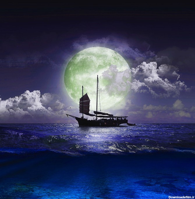 قیمت و خرید پوستر دیواری سه بعدی مدل نقاشی هنری قایق در دریا ماه ...