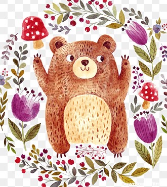 تصویر نقاشی خرس قهوه ای ، حیوانات ، خرس با تصویر قاب گل ...