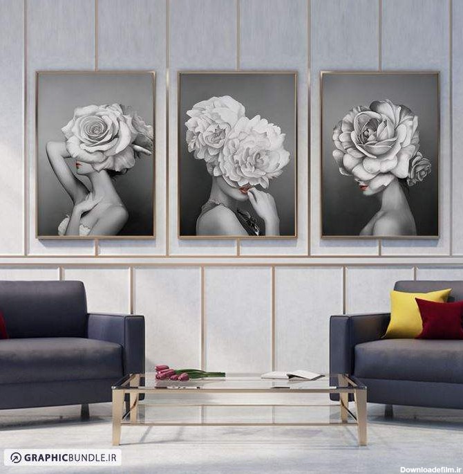ست سه تابلوی سیاه و سفید نقاشی از پرتره زنان جوان و گل های رز روی سر