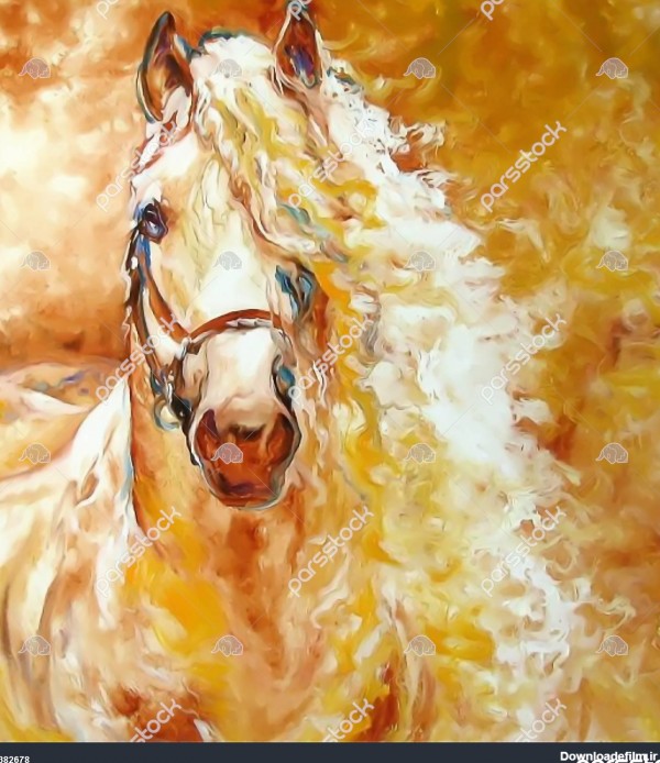 تابلو نقاشی اسب سفید با یال های بلند با رنگ های گرم و زیبا 1382678
