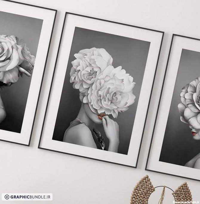ست سه تابلوی سیاه و سفید نقاشی از پرتره زنان جوان و گل های رز روی سر