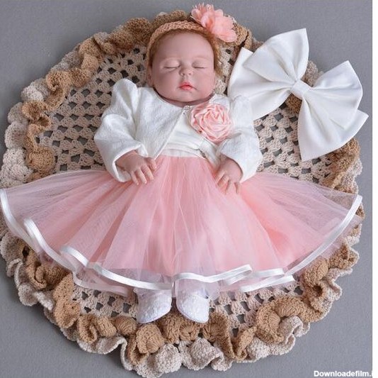 لباس نوزادی دخترانه مجلسی سفید و صورتی با دامن توری