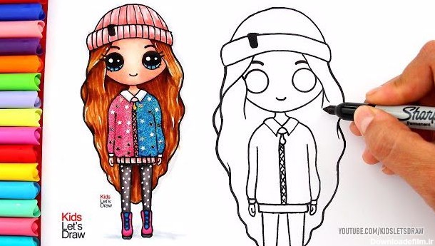 اموزش نقاشی کودکانه دختر با کلاه زمستانی