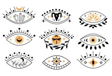 مجموعه وکتور آیکون های چشم های عرفانی بوهو با کریستال نیلوفر آبی بز هلال خورشید در مجموعه سبک خطی مینیمال ترند وکتور طرح تصویر ایزوتریک برای چاپ تی شرت پوستر خالکوبی