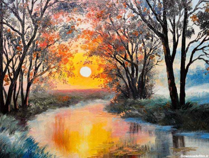 دانلود تصویر نقاشی منظره رودخانه و غروب خورشید | تیک طرح ...