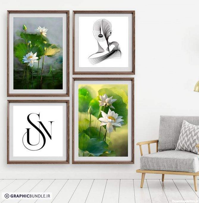 مجموعه 4 تابلو عکس با طرح گلهای مرداب (نیلوفر آبی) و تابلوی طرح خطی زن و لوگوتایپ sun