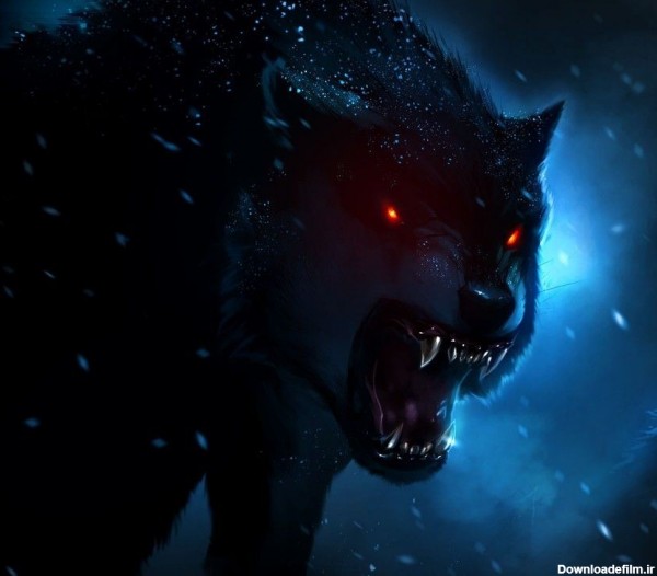 عکس انیمە از گرگ غضبناک با چشمان قرمز و دندان مشکی