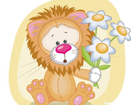 دانلود طرح کارتونی شیر جنگل و دسته گل در دست