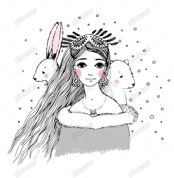 وکتور دختر و خرگوش و بچه خرس زمینه برفی - وکتور نقاشی اسکچ دختر و خرگوش زمینه زمستان برفی