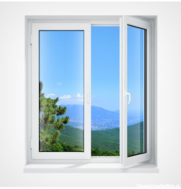 تصویر باز شدن یک پنجره دو جداره در کنار کوهستان در هوای صاف و زیر آسمان آبی