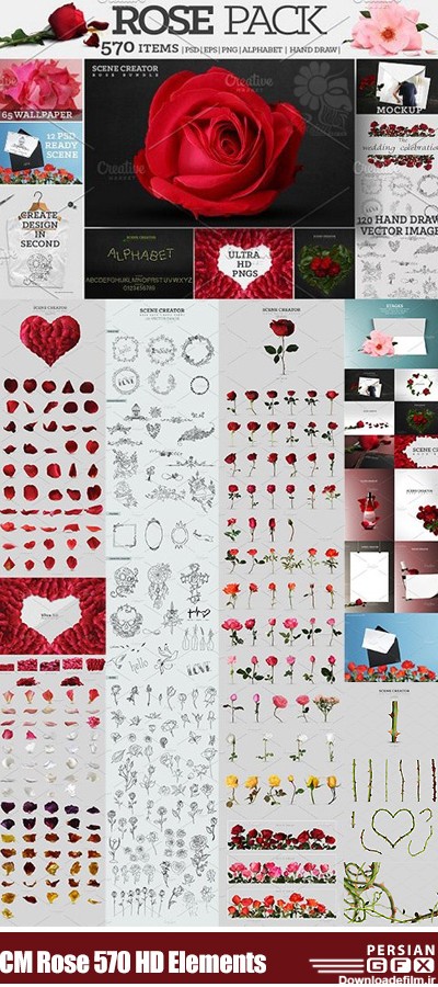 دانلود بیش از 570 تصویر کلیپ آرت عناصر طراحی گل رز، گلبرگ، شاخه گل و .