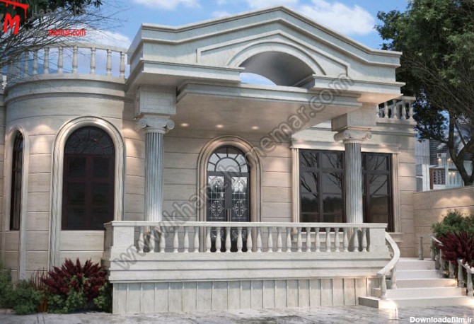 نمای سازه به سبک کلاسیک با سنگ رومی و سنگی و با نورپردازی عالی