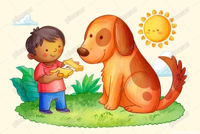 وکتور نقاشی پسر بچه و سگ مهربون طرح نقاشی کودکانه - وکتور ...
