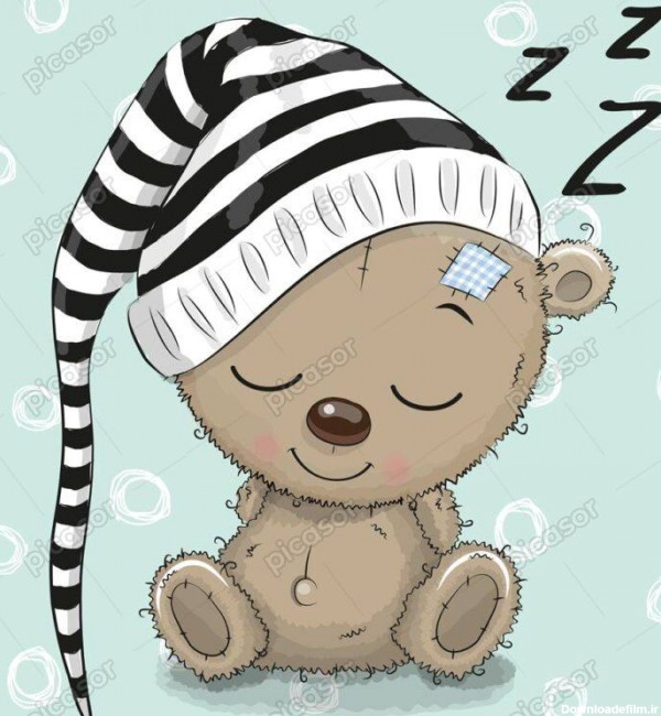 وکتور خرس کارتونی خوابالو در خواب - وکتور تدی بر با کلاه خواب